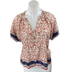 Birds of Paradis Multicolor Floral Short Puff Sleeve Button Up Shirt Blouse S